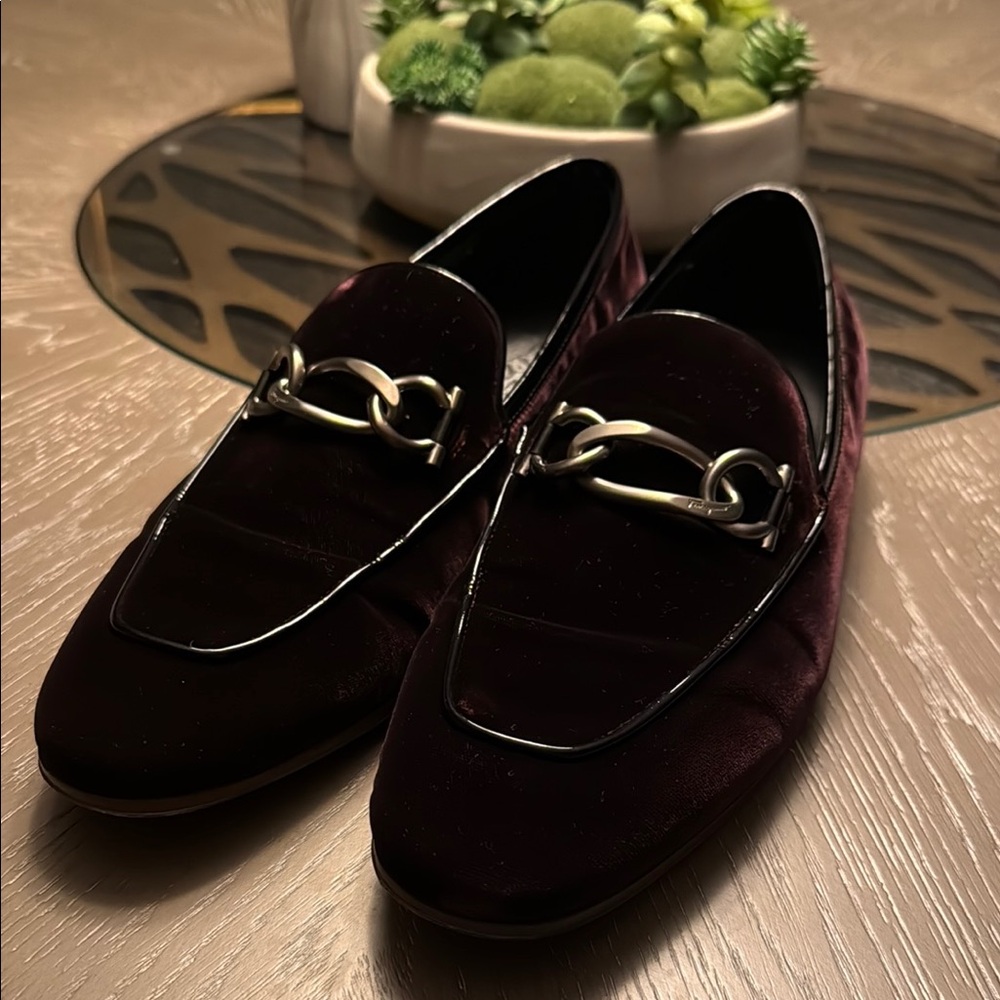 Salvatore Ferragamo Burgundy Velvet Loafers with Silver Accent
